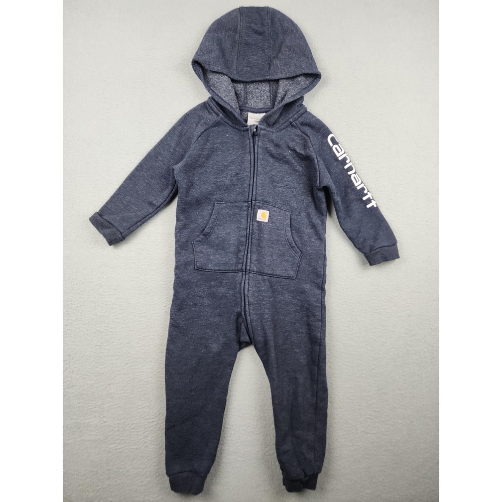 Carhartt Coverall Baby Boys 24M Blue Fleece Hooded Zip One Piece Logo Winter